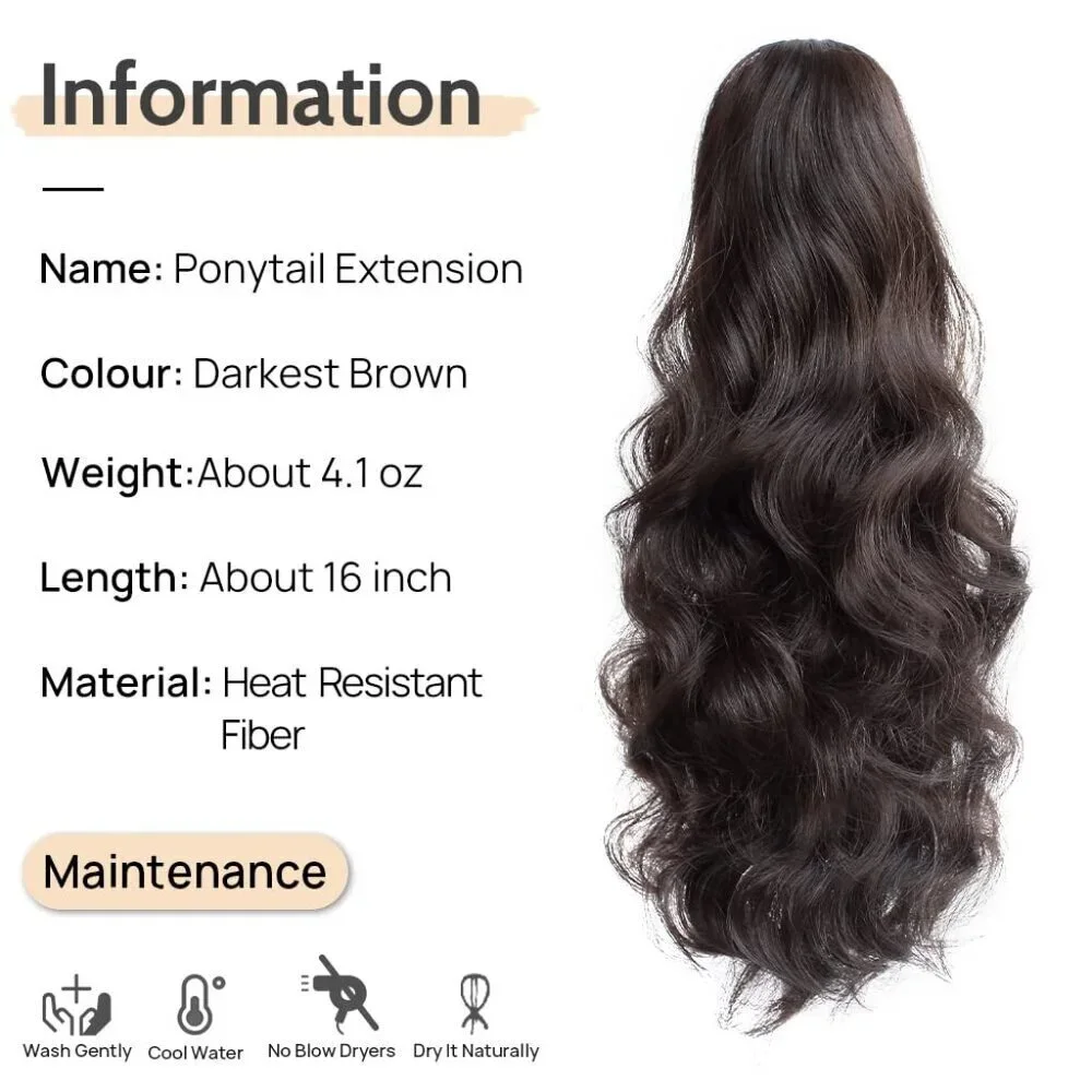 Wavy Ponytail Extension Claw Clip Synthetic Hair for Women 16in Dark Brown